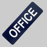 Navy blue sign with 'OFFICE' in white on a white background