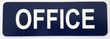 Navy blue sign with 'OFFICE' in white on a white background
