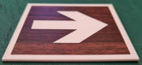 English Walnut acrylic sign with a white engraved directional arrow