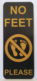 Black No Feet Please acrylic sign with engraved gold text and symbol