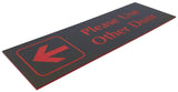 Black acrylic sign with red engraved arrow and text 'Please Use Other Door' on a white background