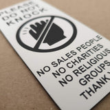 Please Do Not Knock Sign - No Sales People No Charities No Religious Groups Thank You Sign / Plaque