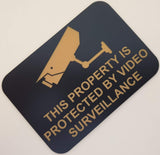 Black sign with gold surveillance camera icon and text on a beige background