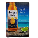 Corona Extra beer bottle with a lime on a beach scene, promotional text 'Log off. Lime in. Find your beach.'