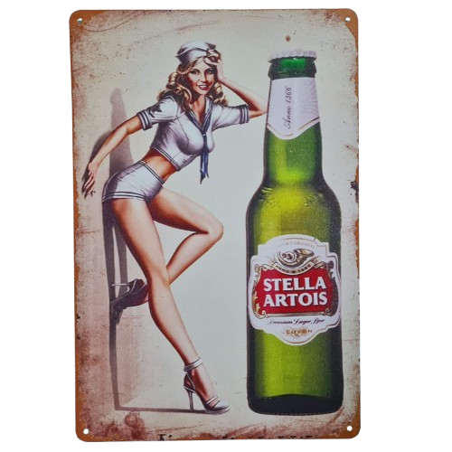 Vintage-style Stella Artois beer bottle with a pin-up girl on a metal sign.