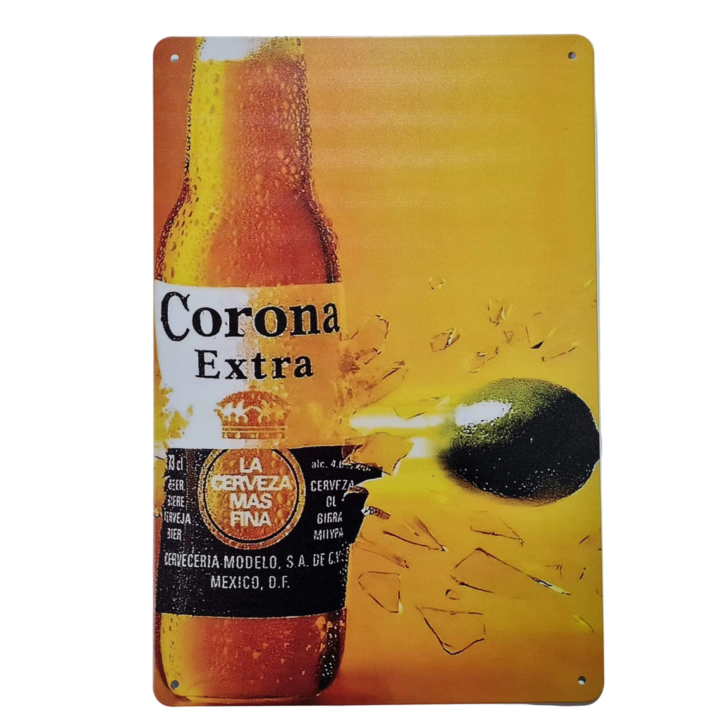 Metal sign with Corona Extra beer bottle and lime on a yellow background
