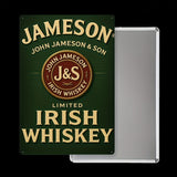 Jameson Irish Whiskey sign with green background and gold text