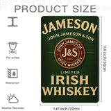 Jameson Irish Whiskey sign with dimensions and features on a white background