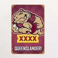 Vintage-style sign with a QLD cane toad logo and 'Queenslander!' text on a red background