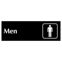 Men's restroom sign with icon on a Black background with white engraved text and icon