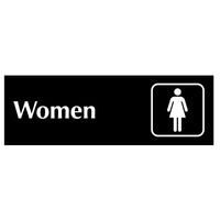 Black sign with 'Women' text and female symbol on a white background