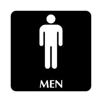 Men's restroom sign with black background and white icon and text