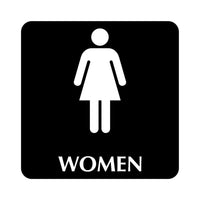 Black acrylic women's restroom sign with white engraved icon and text