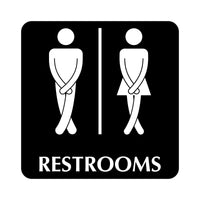Black and white restroom sign with symbols for men and women.