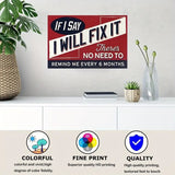 Decorative sign with humorous text on a wall above a shelf with plants and a book.