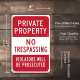 Red and white 'Private Property No Trespassing' sign with dimensions and features on a wooden background